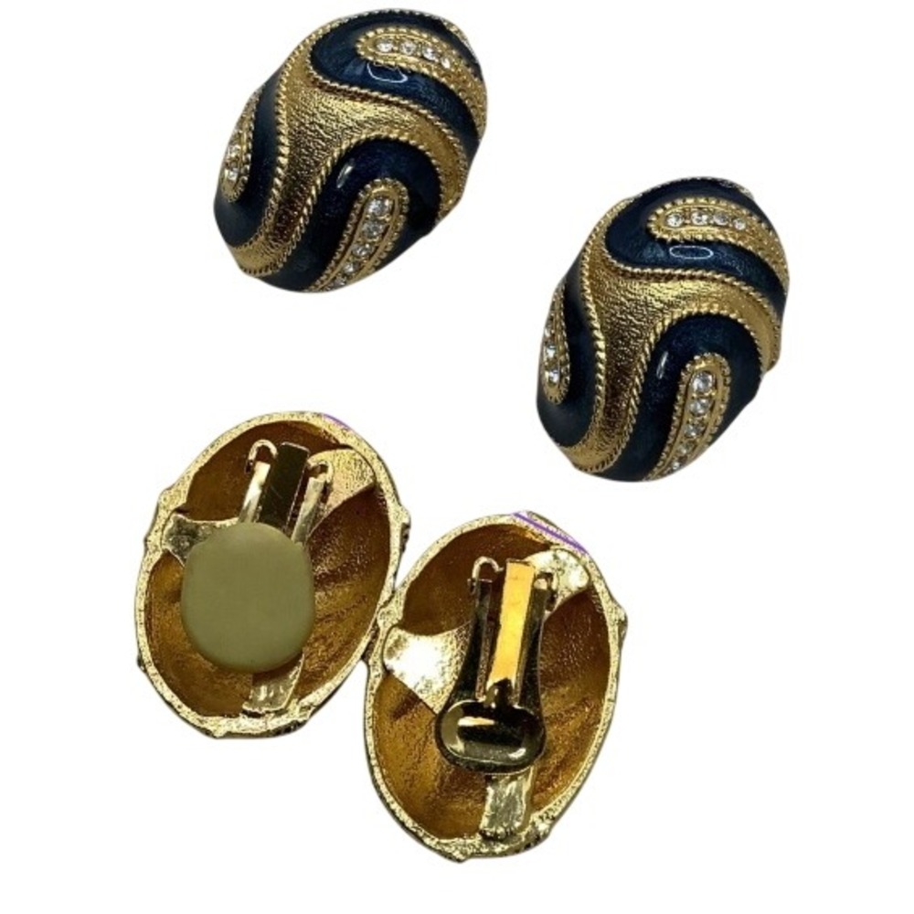 Vintage Gold Tone Navy Blue Enamel Rhinestone Swirl Clip On Statement Earrings